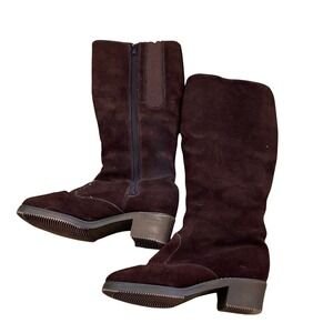 Vtg LL Bean Womens Tall Brown Leather Suede Boots Size 5.5 Sherpa Lined Low Heel